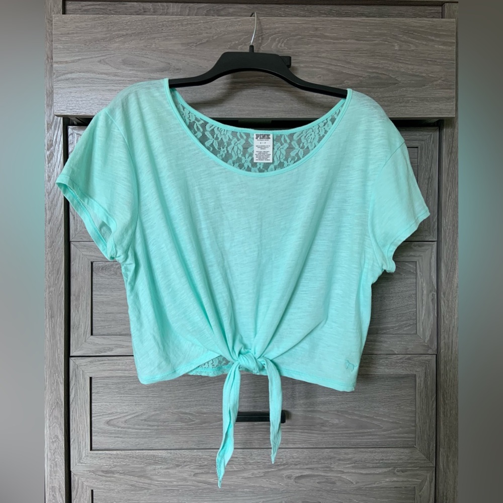 VS Pink Tie Front Crop Top | Aqua | Sheer & Lace